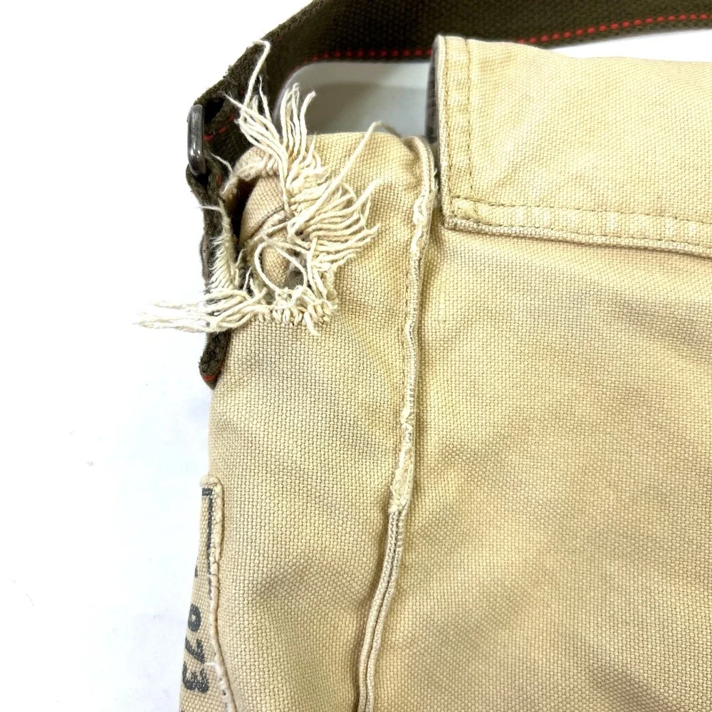 Old Navy Beige Canvas Messenger Bag Camo Lining Leather Tabs Distressed Adjustbl